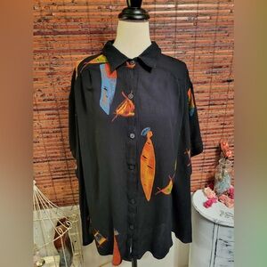 Black Button-Up Tunic with Colorful Accents